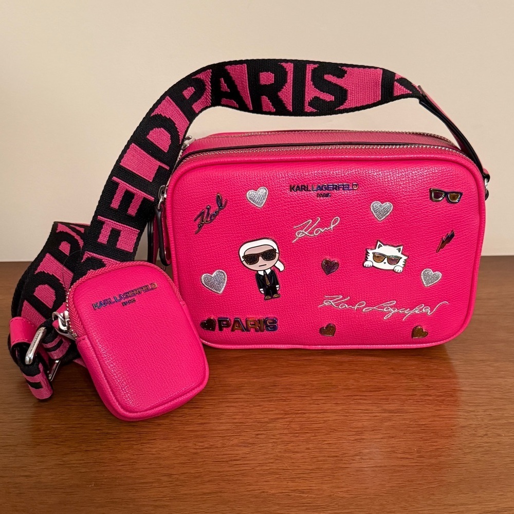 Karl Lagerfeld Hot Pink Fuchsia Iridescent Charm Crossbody Bag, NWT, # LH5EK9BJ - Picture 2 of 10